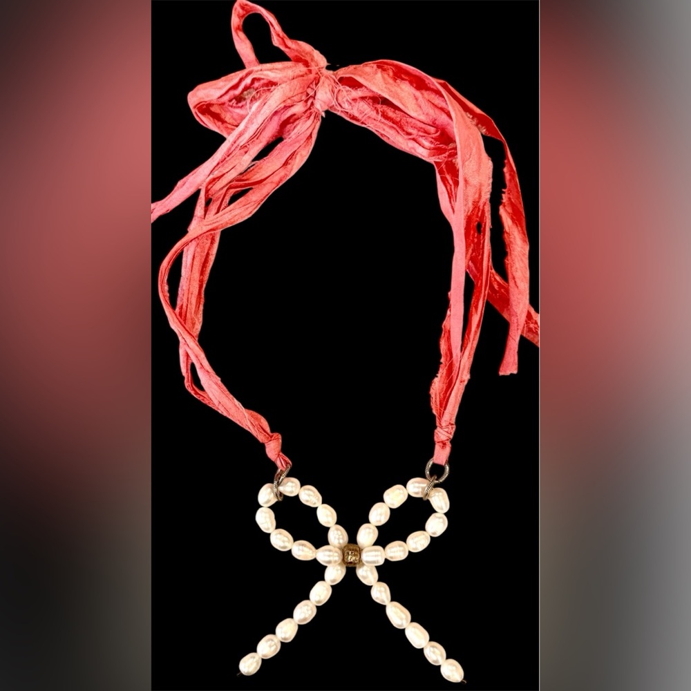 Pearl Bow and Pink Ribbon Necklace - Picture 2 of 5